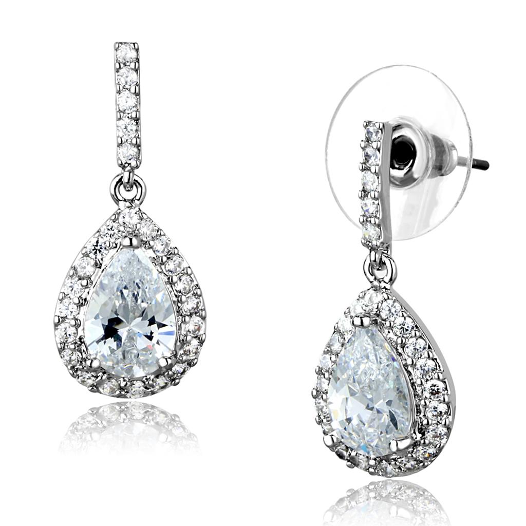 Rhodium Brass Earrings with AAA Grade CZ  in Clear