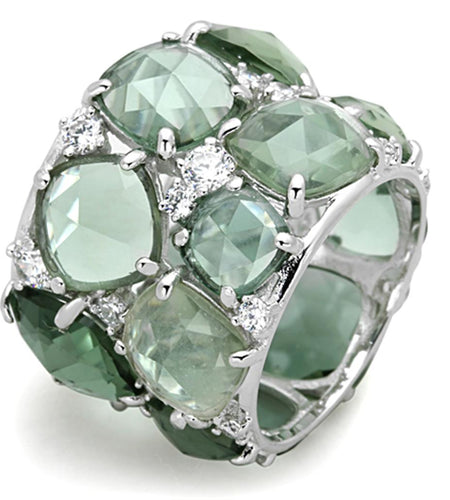 Rhodium 925 Sterling Silver Ring with Synthetic Emerald Glass