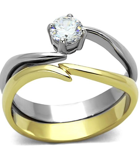 Two-Tone IP Gold (Ion Plating) Stainless Steel Ring with AAA Grade CZ