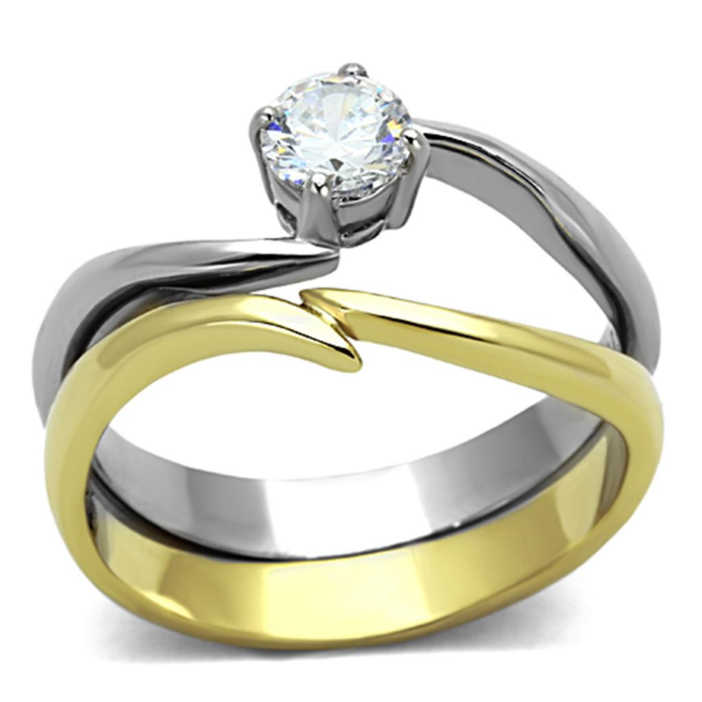 Two-Tone IP Gold (Ion Plating) Stainless Steel Ring with AAA Grade CZ